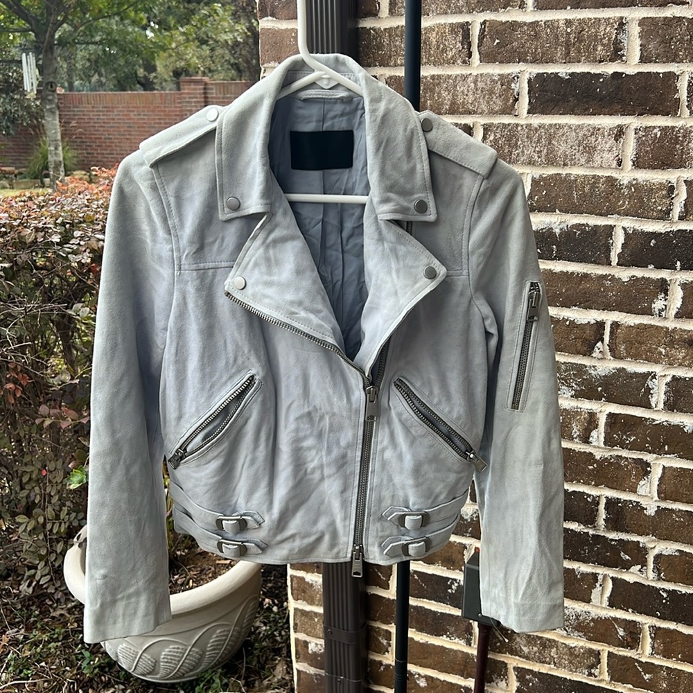 AllSaints Latham Biker Sky Blue Leather
Suede Jacket size 4 FLAW